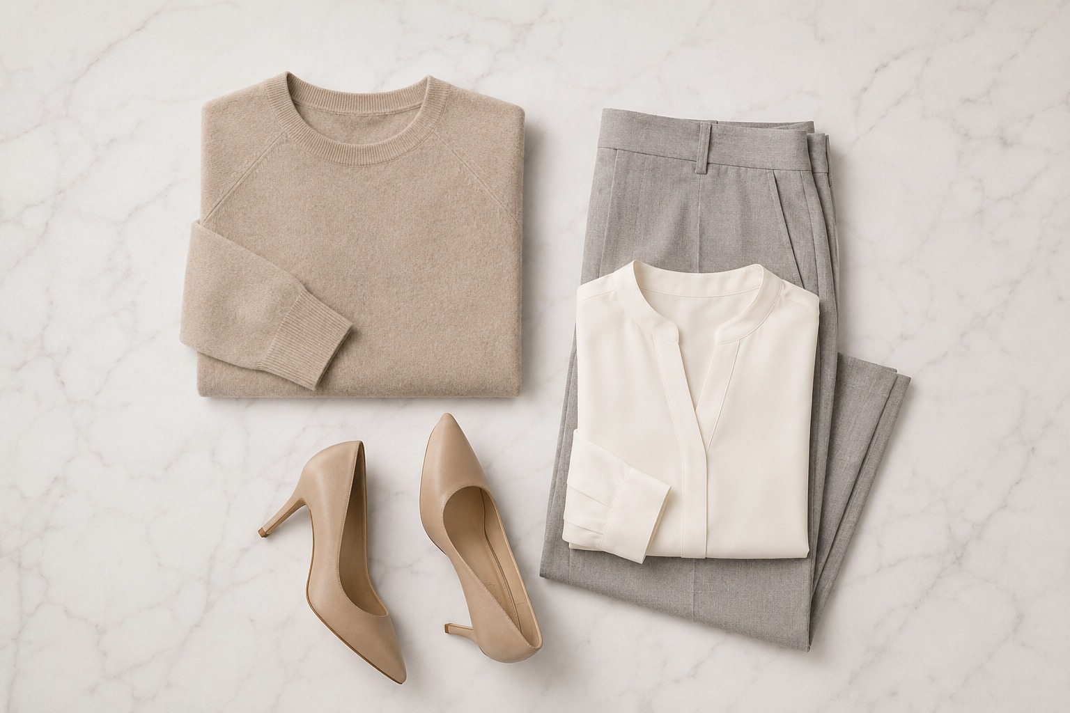 Flat lay quiet luxury corporativo: cashmere bege, calça de lã premium cinza, blusa de seda off-white e scarpin de couro bege — luxo silencioso sem logos