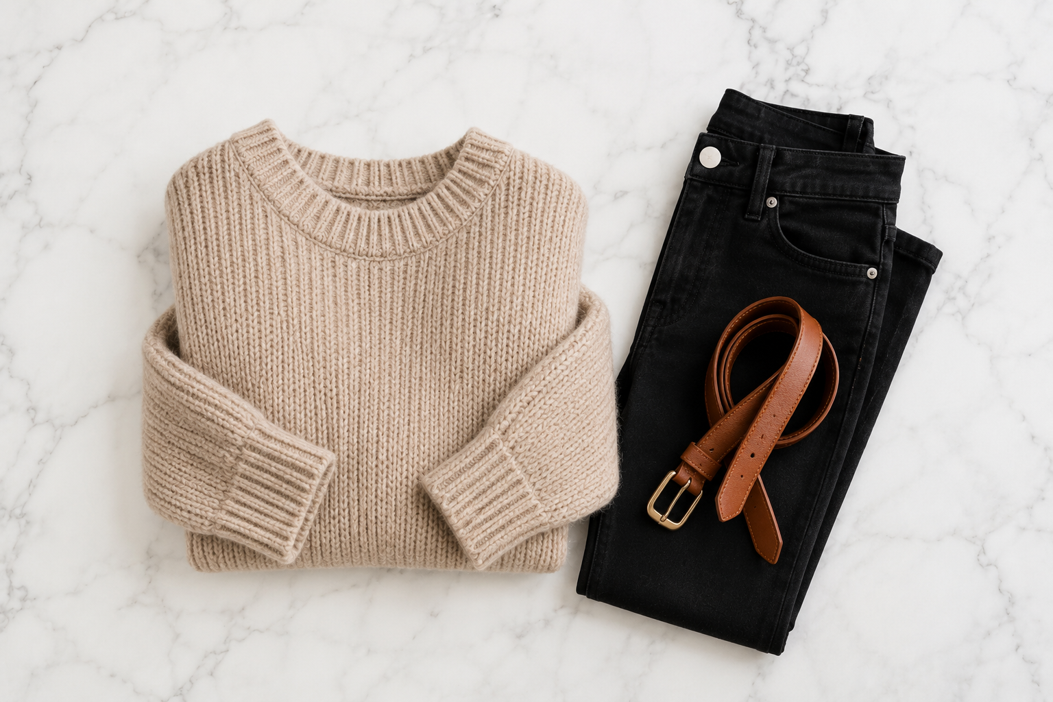 Suéter oversized bege de tricô grosso com calça skinny preta