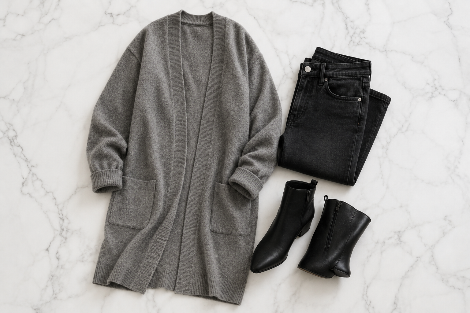 Cardigã longo cinza de tricô com jeans escuro e ankle boot