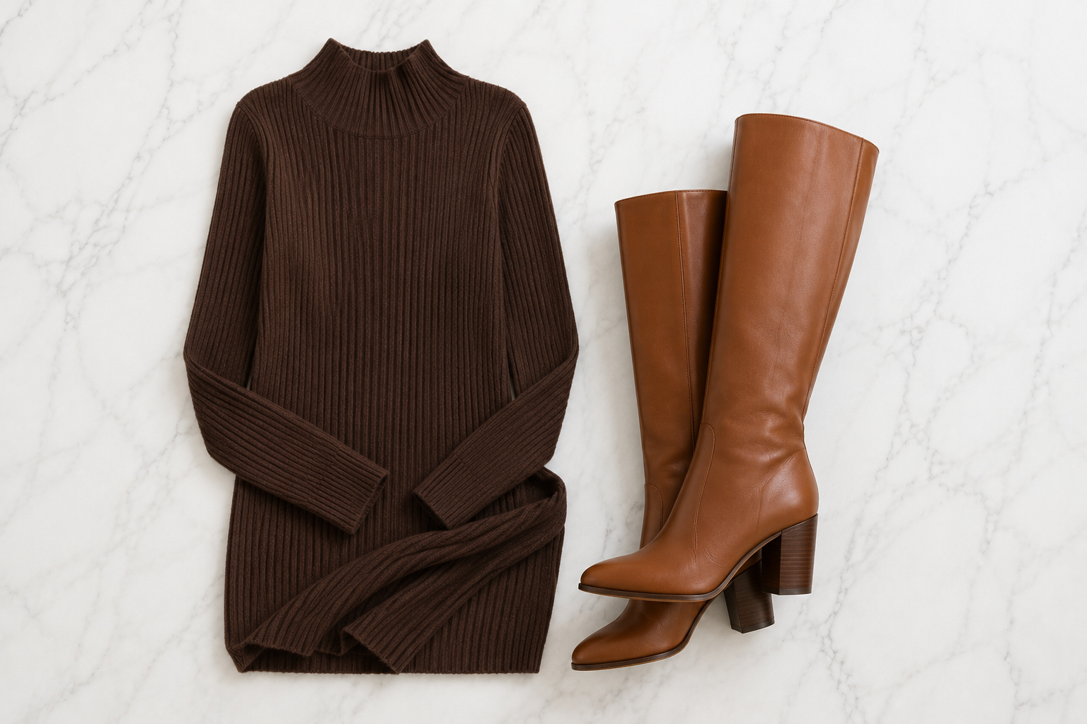 Vestido midi de tricô canelado chocolate com bota cano alto