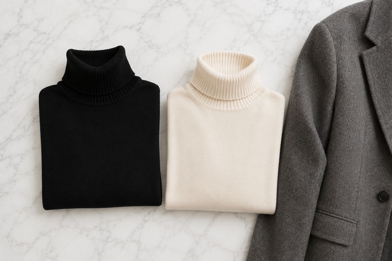 Duas golas altas de tricô fino preta e off-white com blazer de lã