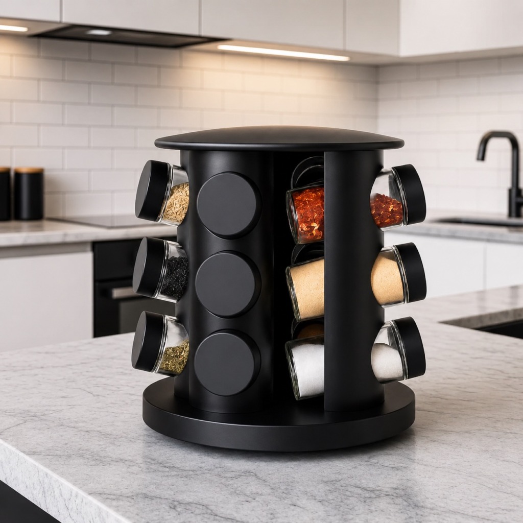 Porta temperos giratório com 9 potes de vidro e tampa dosadora para cozinha
