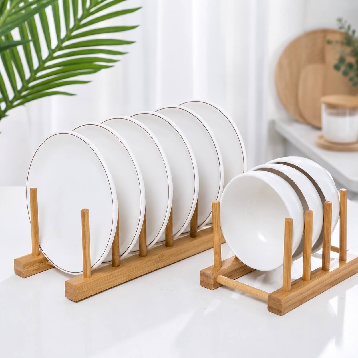 Escorredor porta-pratos de bancada em bambu com 4 divisórias estilo natural