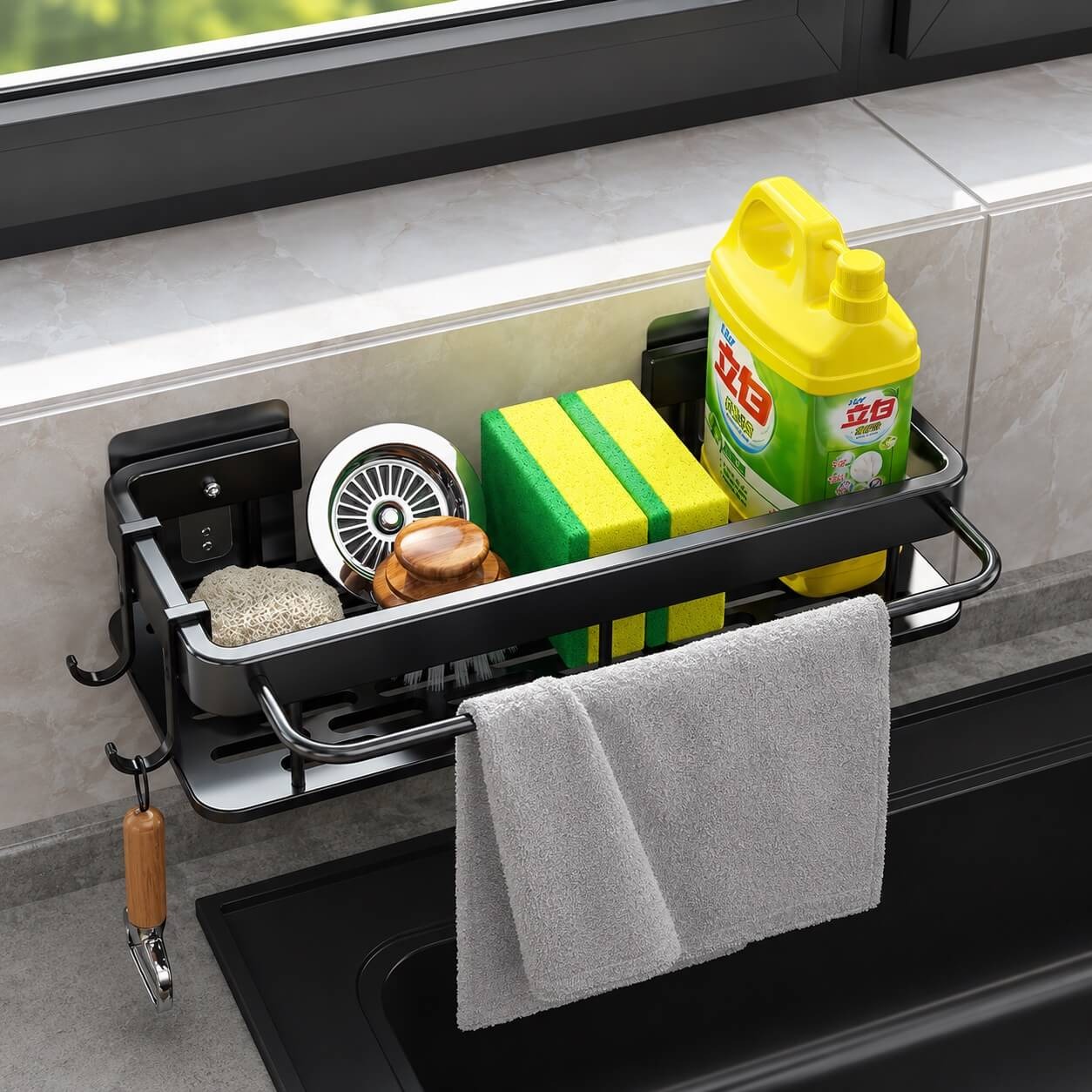 Kit prateleira suspensa preta com porta detergente e condimentos para cozinha