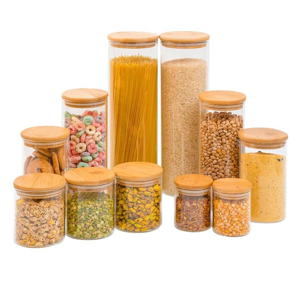 Kit 11 potes de vidro herméticos com tampa de bambu para organizar mantimentos