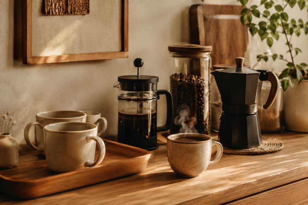 Cantinho do café em bancada de madeira com prensa francesa, cafeteira italiana e xícaras