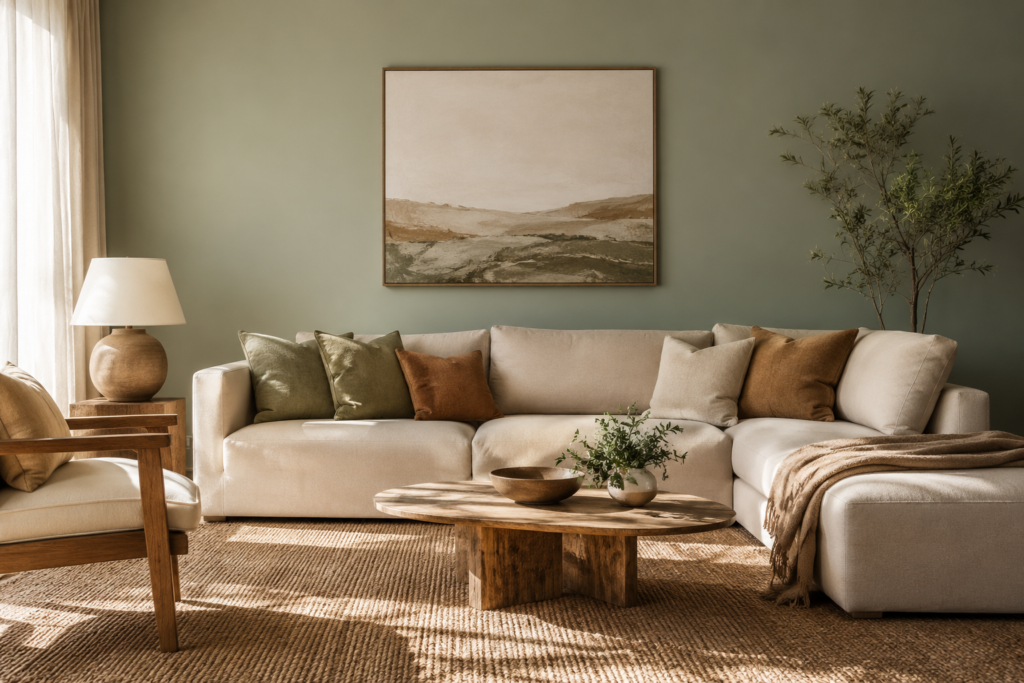 Sala de estar com parede sage green, sofá bege e almofadas em tons terrosos