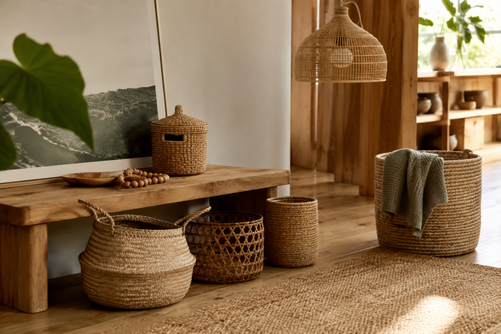 Canto de sala neutro decorado com cestos de fibra natural, luminária de rattan e tapete de juta