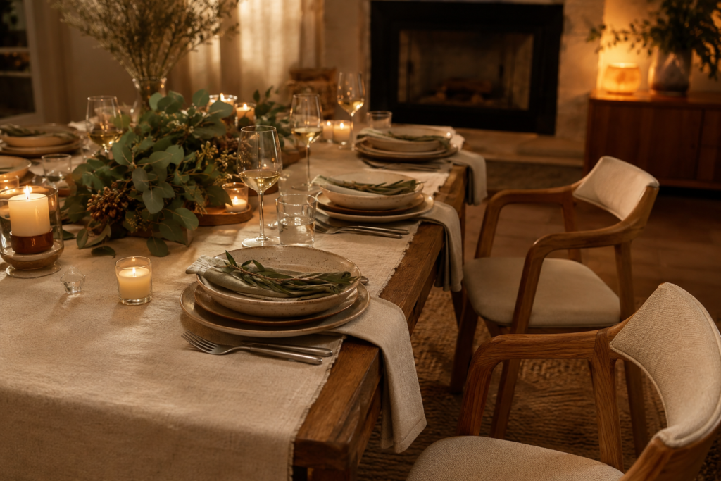 Mesa de jantar posta para receber no inverno com velas, louça e centro de mesa de eucalipto
