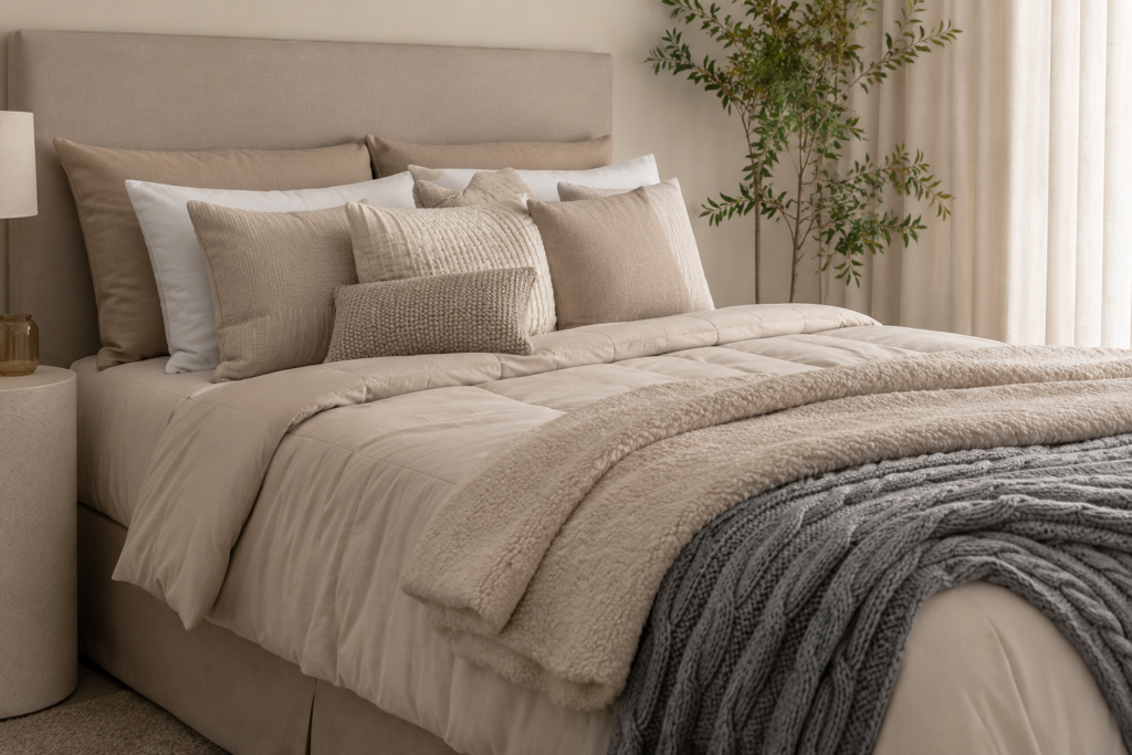 Cama arrumada com edredom bege fofo, cobertor de tricô cinza e almofadas neutras