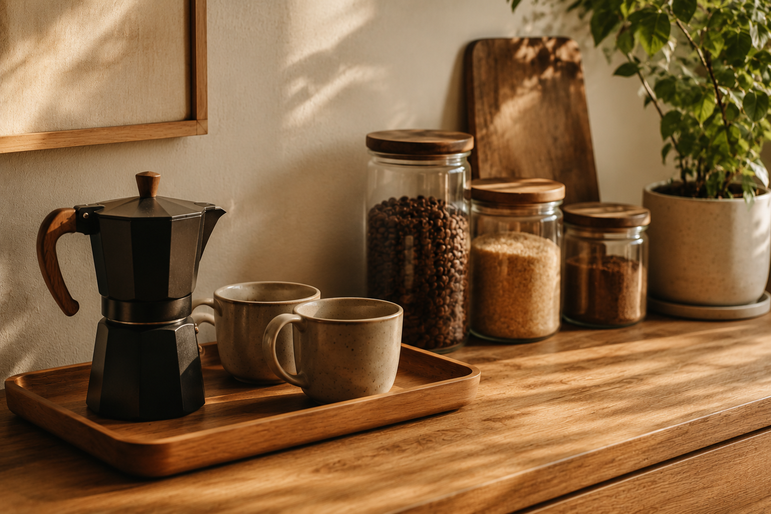 Bancada do cantinho do café organizada com bandeja de madeira e potes de vidro