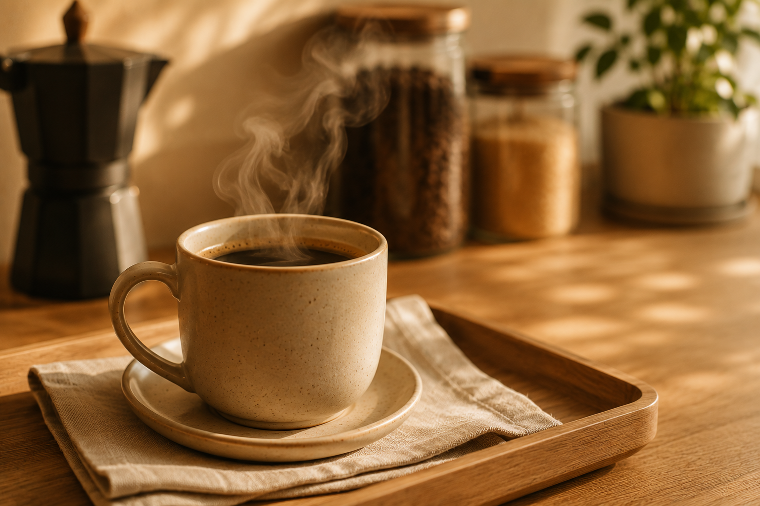 Xícara de café recém-servida com vapor sobre bandeja de madeira