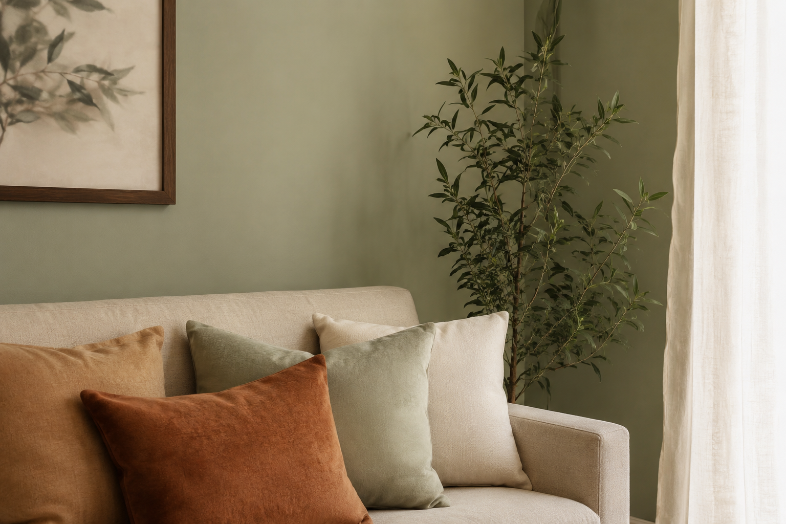 Detalhe de sala de estar com parede sage green, almofadas terrosas sobre sofá bege e planta
