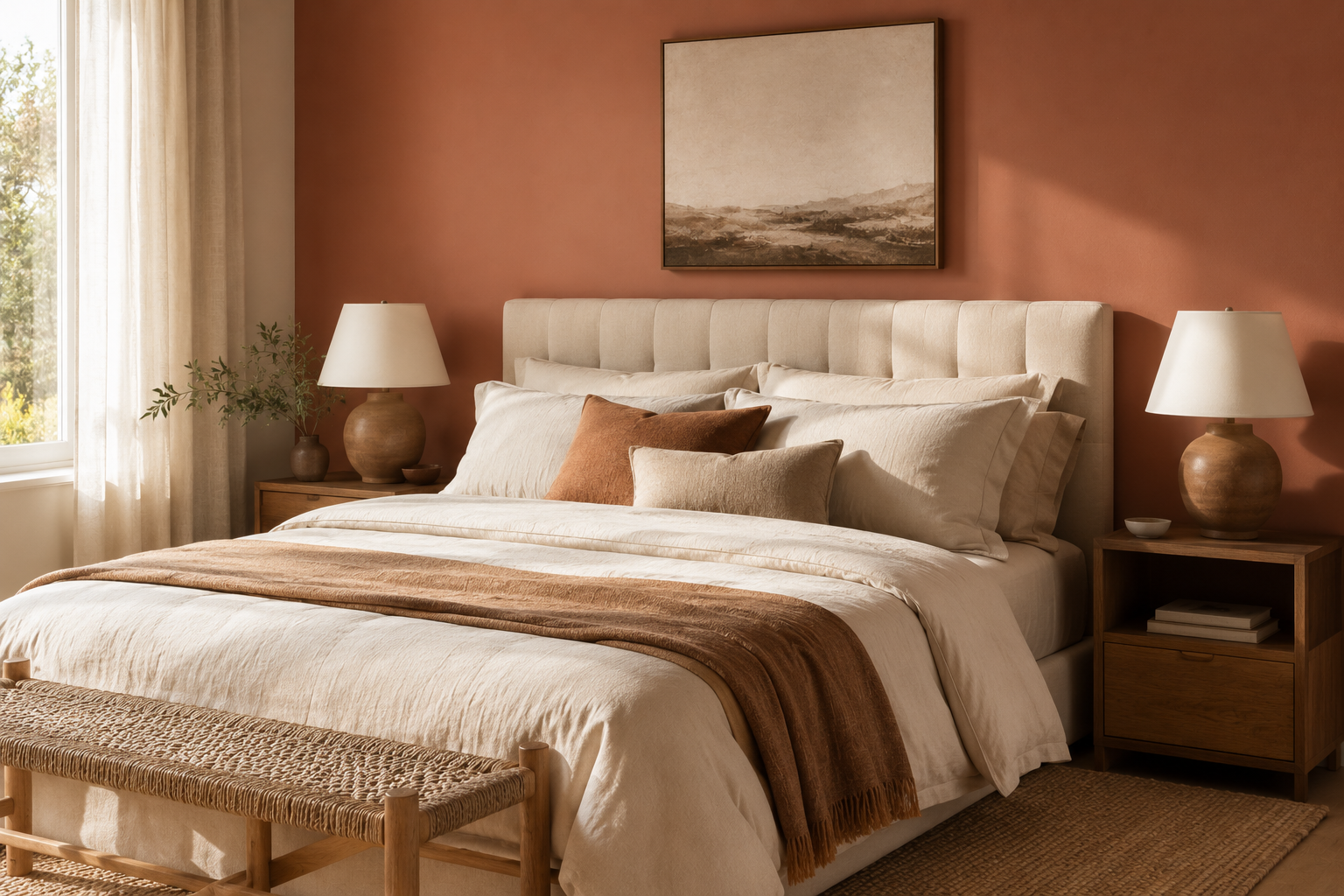 Quarto com parede em tom terracota suave e cabeceira estofada bege