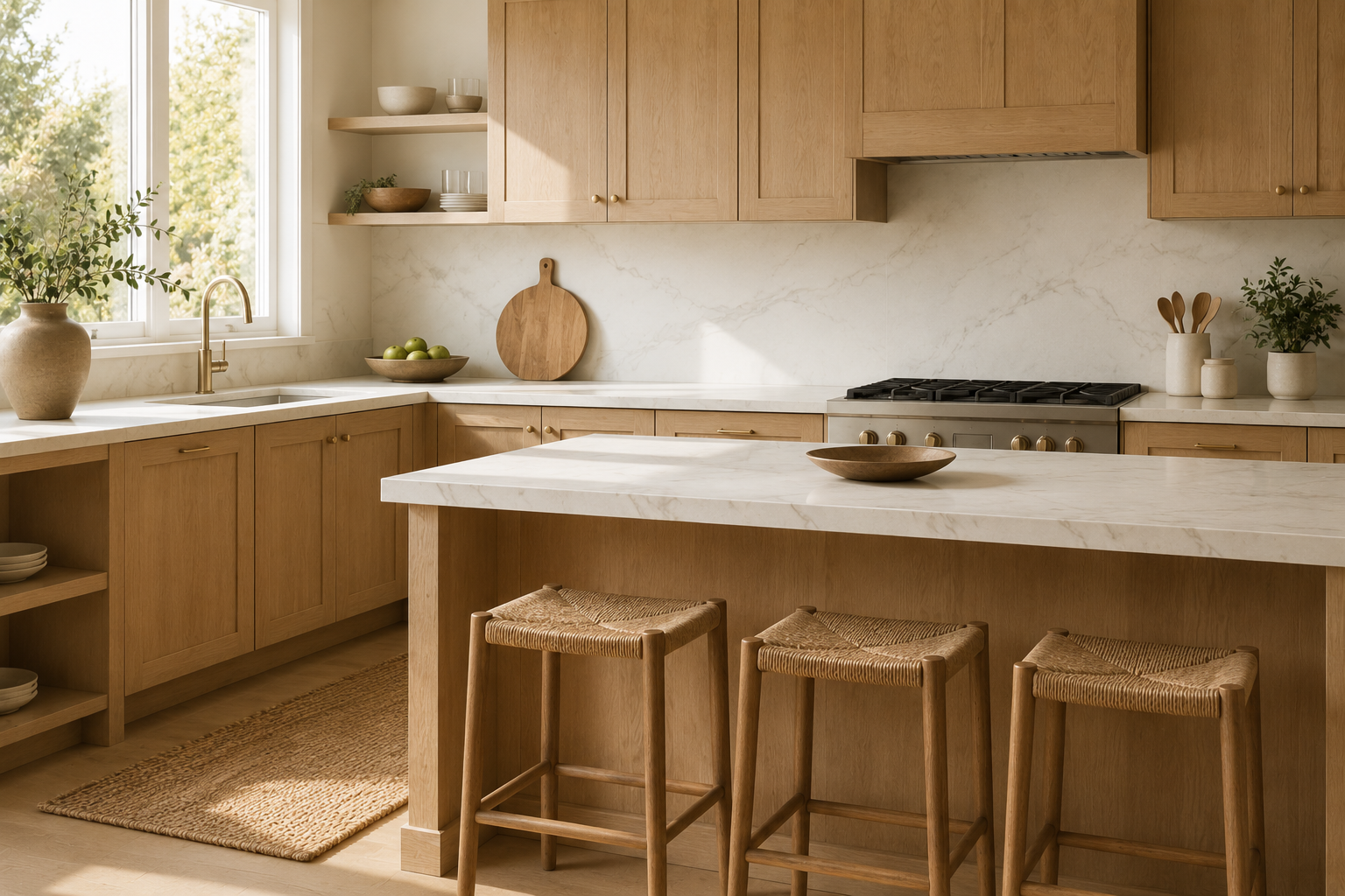 Cozinha com parede off-white e armários de madeira clara com bancada de mármore
