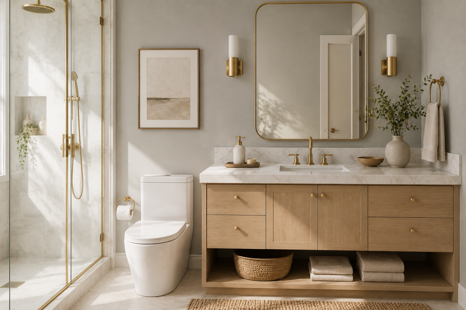 Banheiro com parede cinza claro, bancada de mármore branco e detalhes dourados