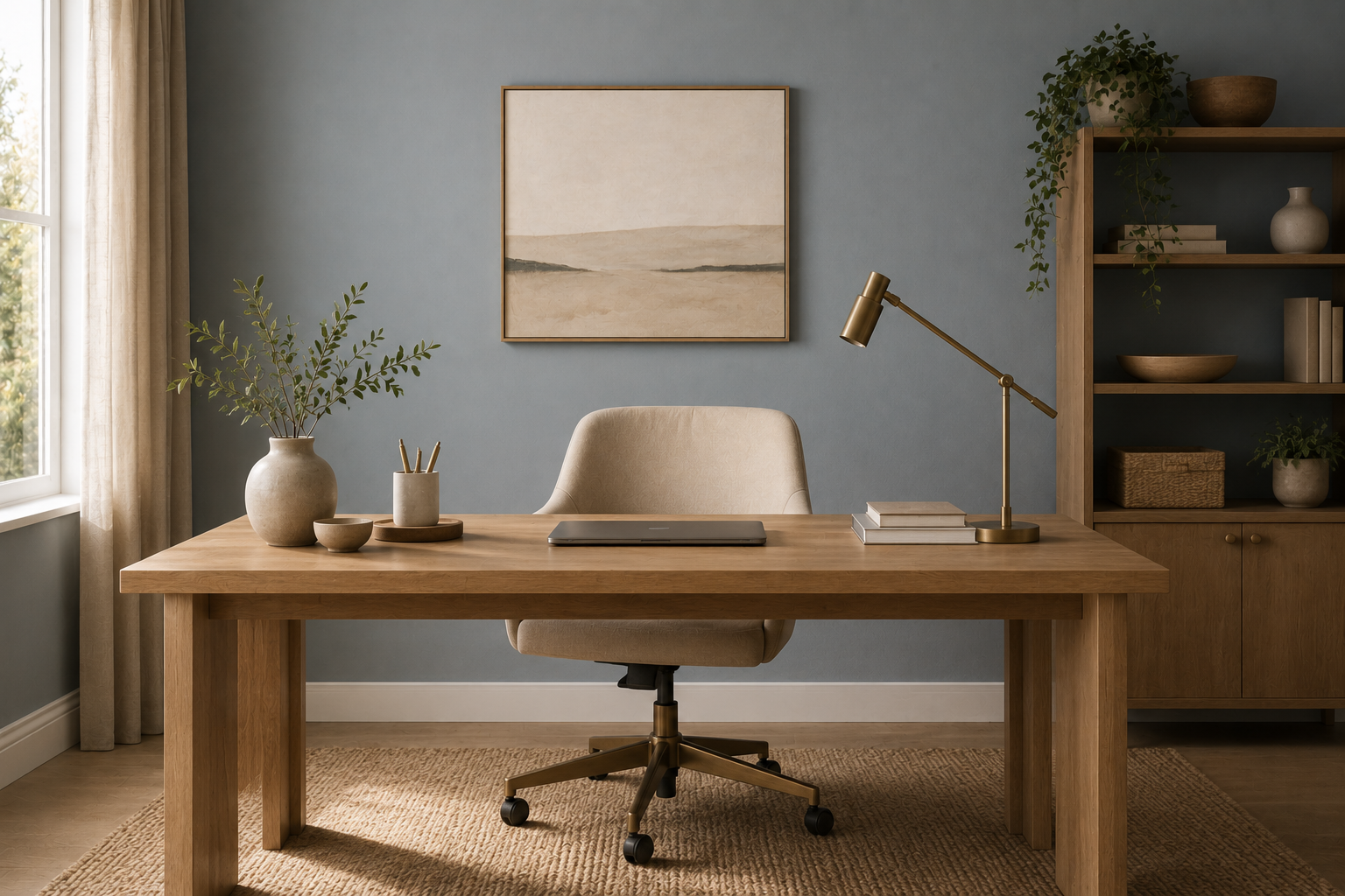 Home office com parede azul acinzentado, mesa de madeira clara e cadeira estofada bege