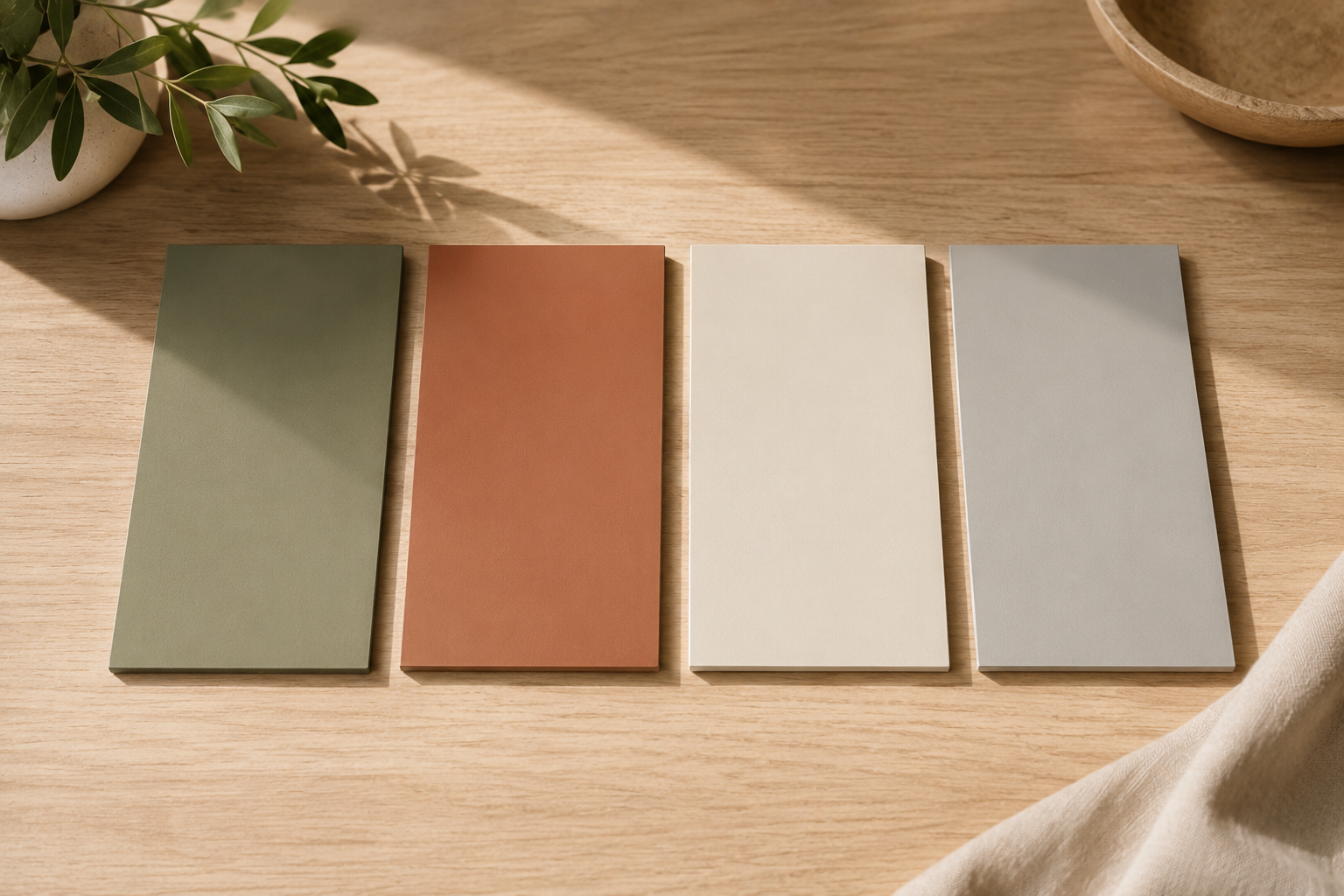 Amostras de tinta em tons sage green, terracota, off-white e cinza claro
