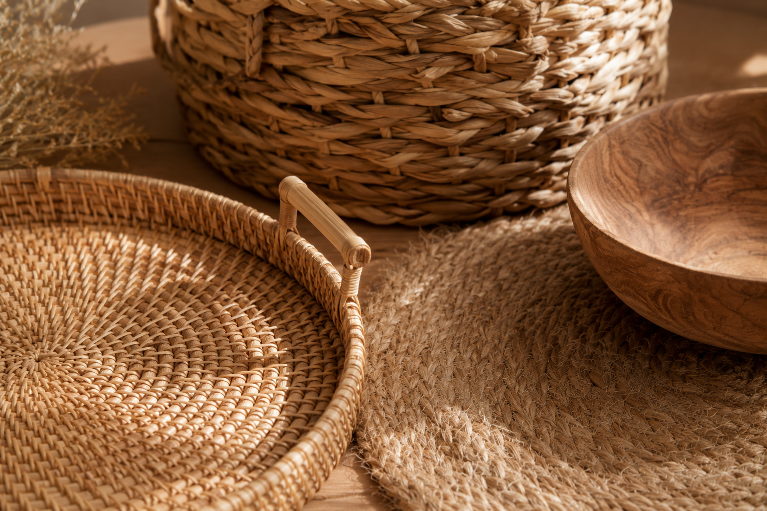 Mix de texturas naturais: bandeja de rattan, jogo americano de juta e tigela de madeira