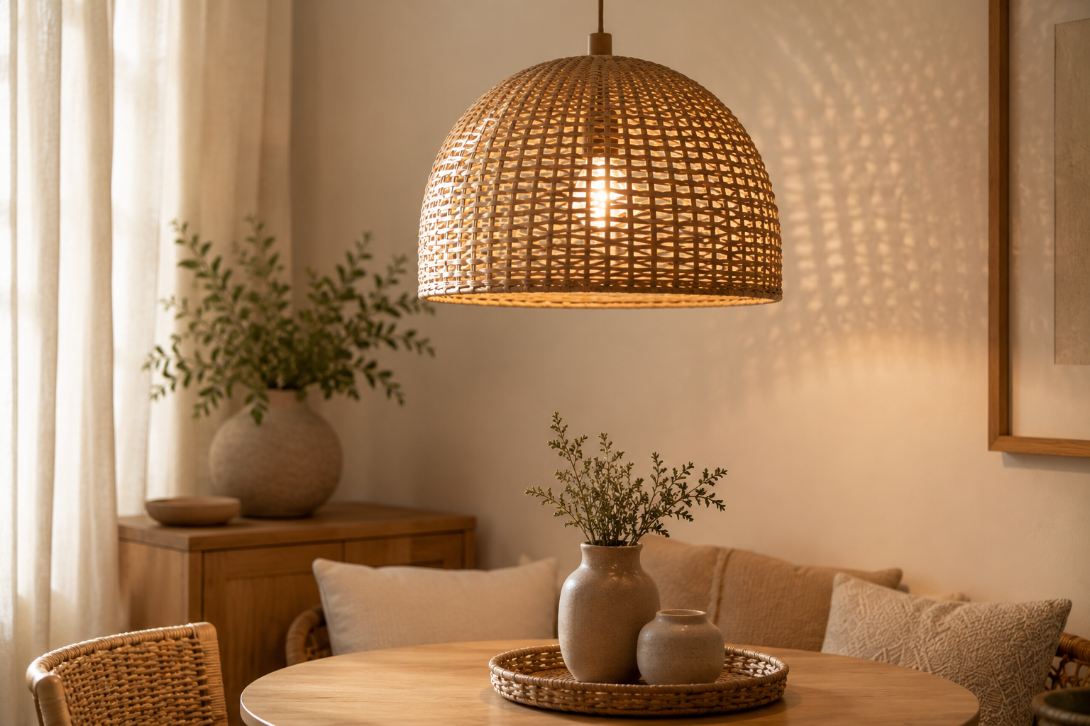 Luminária pendente de rattan sobre canto neutro criando luz quente e desenhada