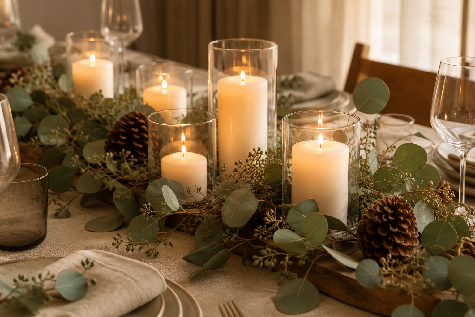 Centro de mesa de inverno com eucalipto, velas em castiçais de vidro e pinhas