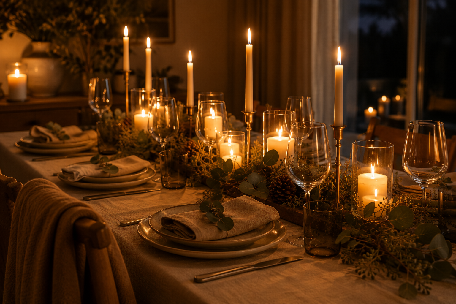 Iluminação por velas na mesa de jantar ao entardecer criando clima aconchegante