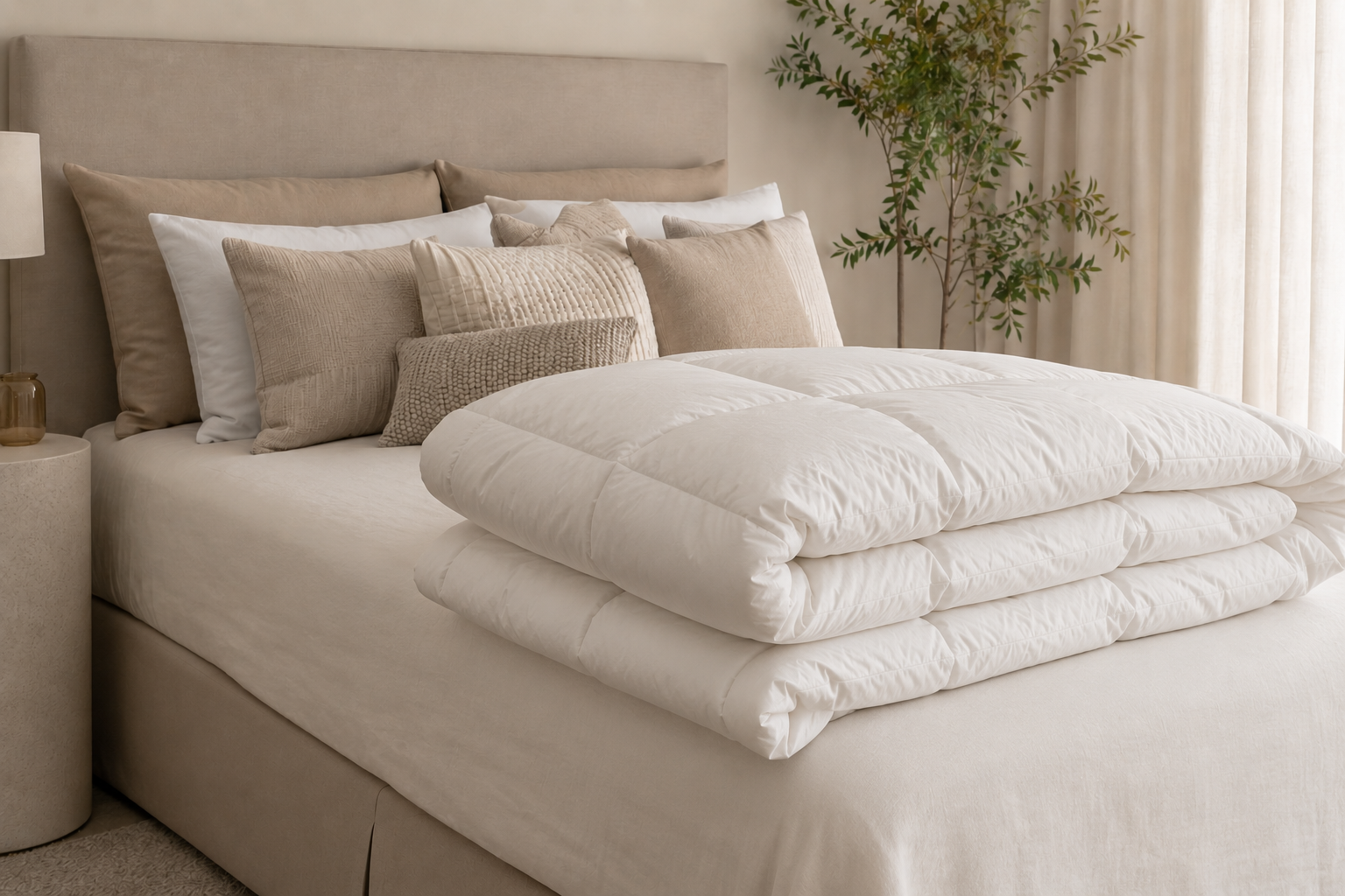 Edredom branco fofo de plumas dobrado sobre cama com lençóis off-white