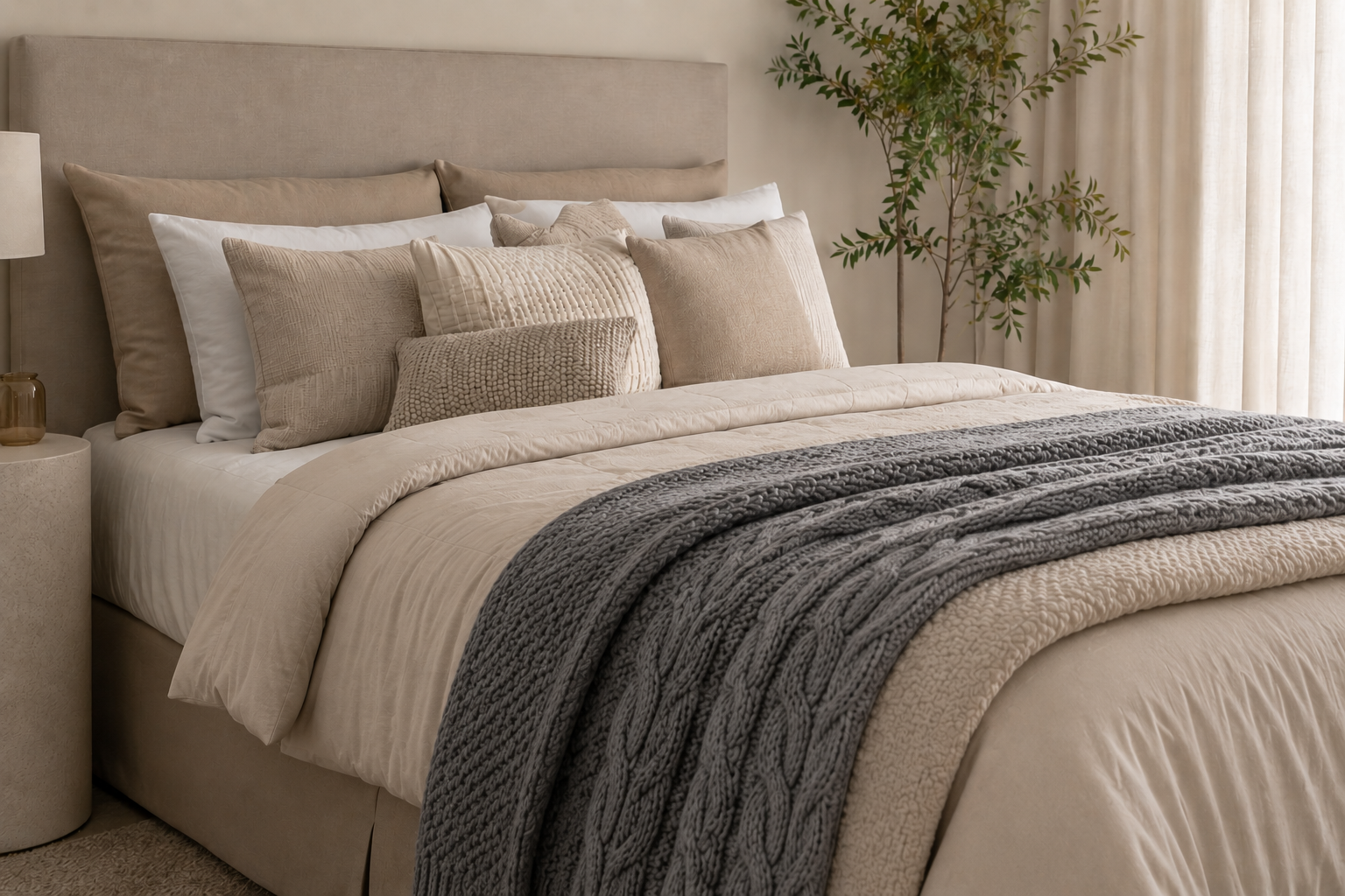 Cama com múltiplas camadas de inverno: lençol, edredom bege e manta de tricô cinza