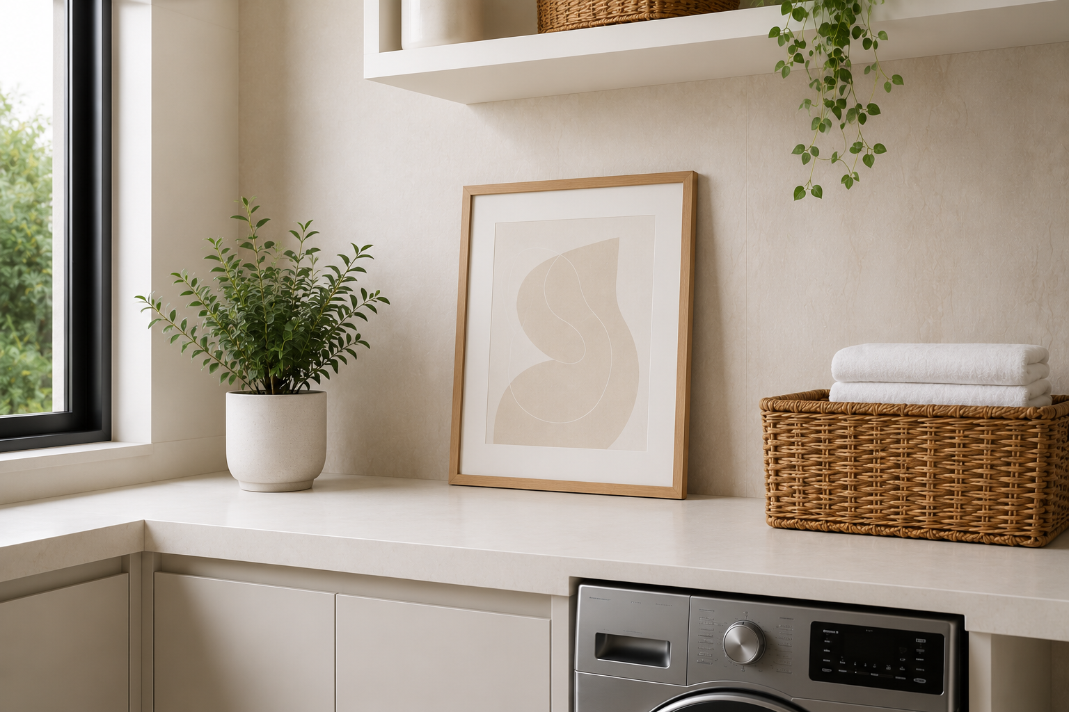Vaso pequeno de planta e quadro decorativo discreto sobre bancada branca na área de serviço