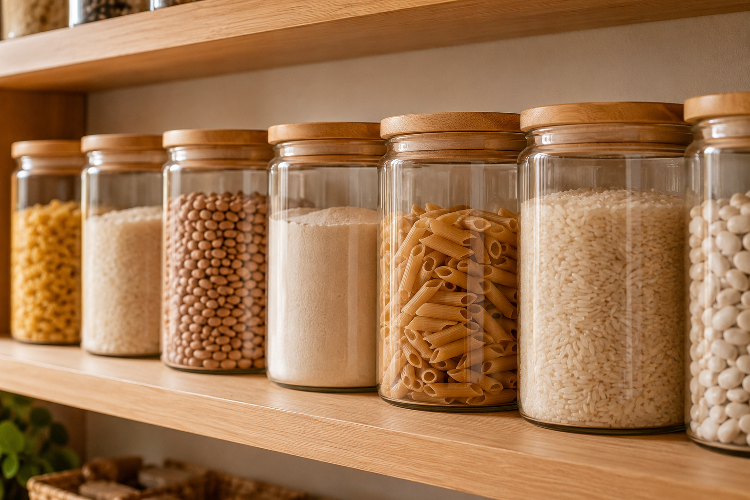 Fila de potes de vidro iguais com tampa de bambu com macarrão, arroz e feijão