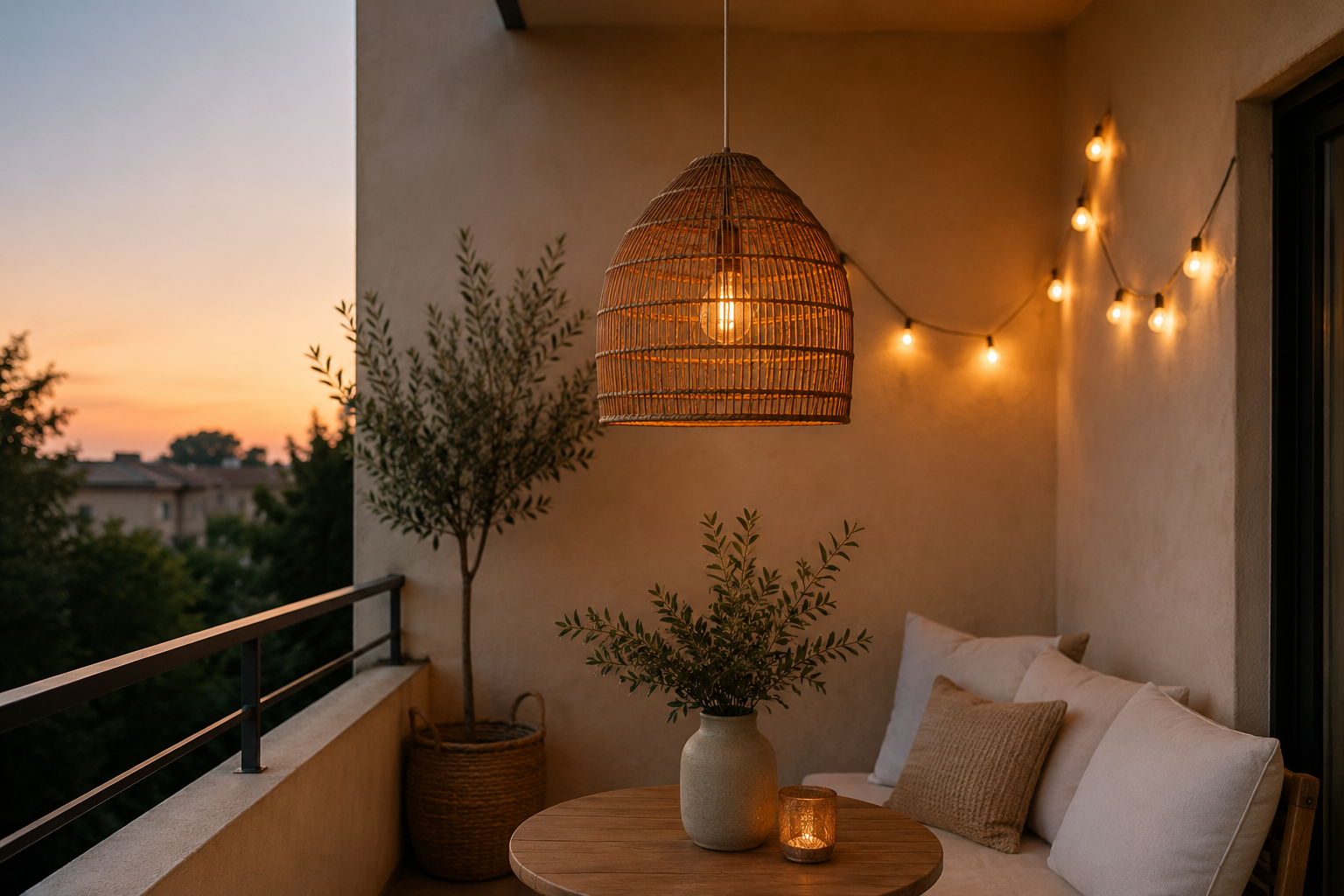 Luminária pendente de fibra natural e cordão de luzes em varanda pequena ao entardecer