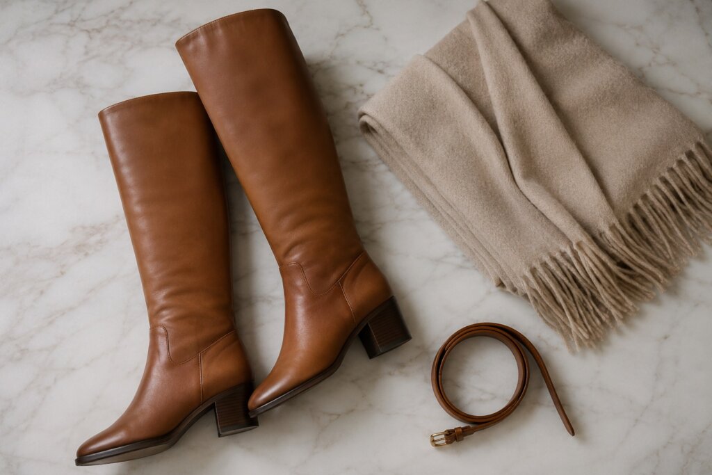 Flat lay editorial com botas de cano alto em couro caramelo, echarpe de lã bege e cinto de couro fino sobre mármore branco