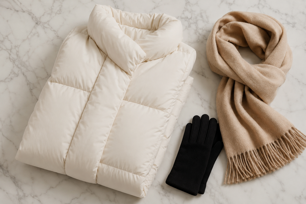 Casaco puffer longo off-white dobrado com cachecol de lã bege e luvas pretas sobre mármore branco