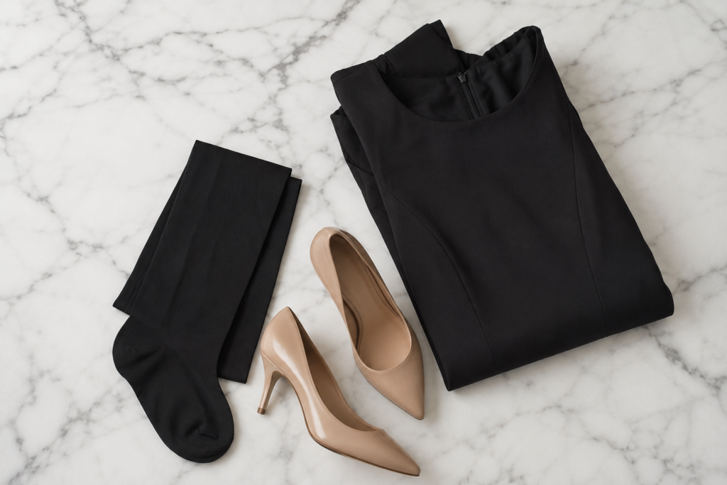 Meia-calça preta opaca dobrada com vestido midi preto e scarpins nude sobre mármore branco