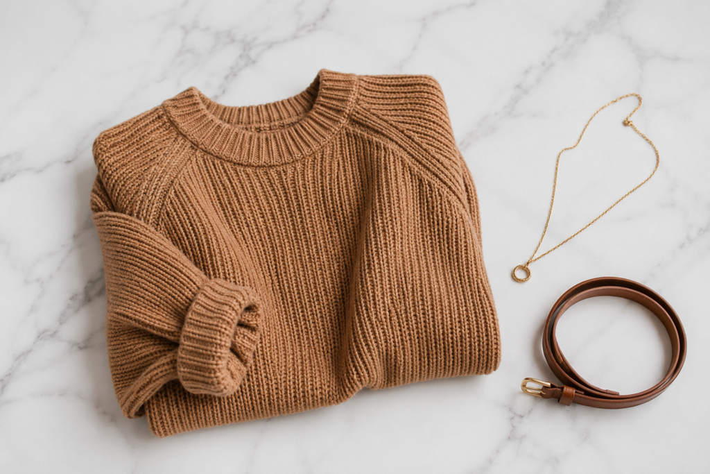 Suéter oversized caramelo dobrado com cinto de couro e colar dourado sobre mármore branco