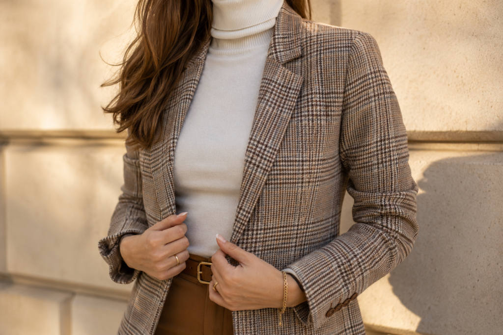 Blazer xadrez tartan bege e marrom sobre gola alta off-white