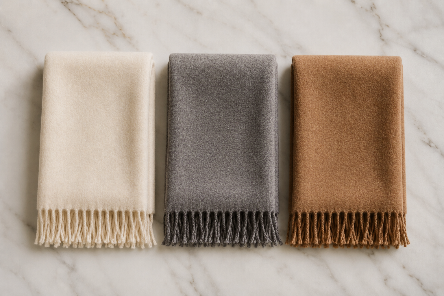 Três echarpes de lã em tons off-white, cinza e caramelo dobradas sobre mármore