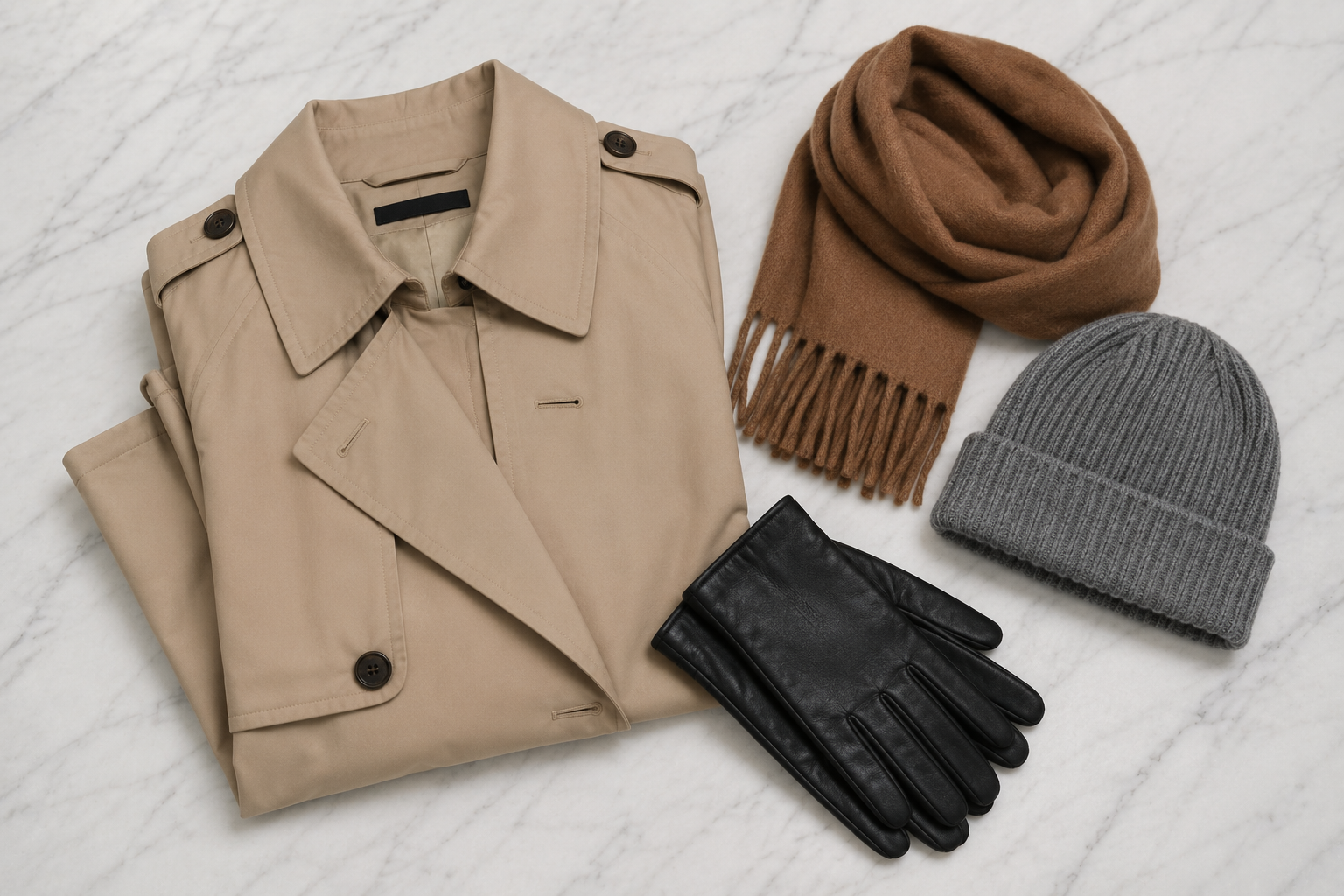 Trench coat bege com echarpe caramelo, gorro cinza e luvas pretas coordenados