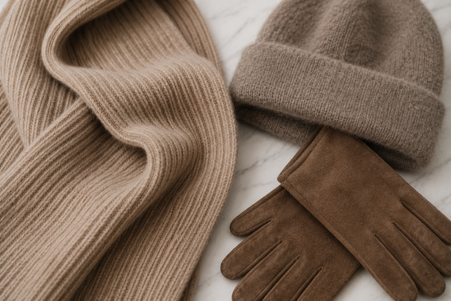 Texturas de inverno: echarpe canelada, gorro felpudo e luvas de camurça
