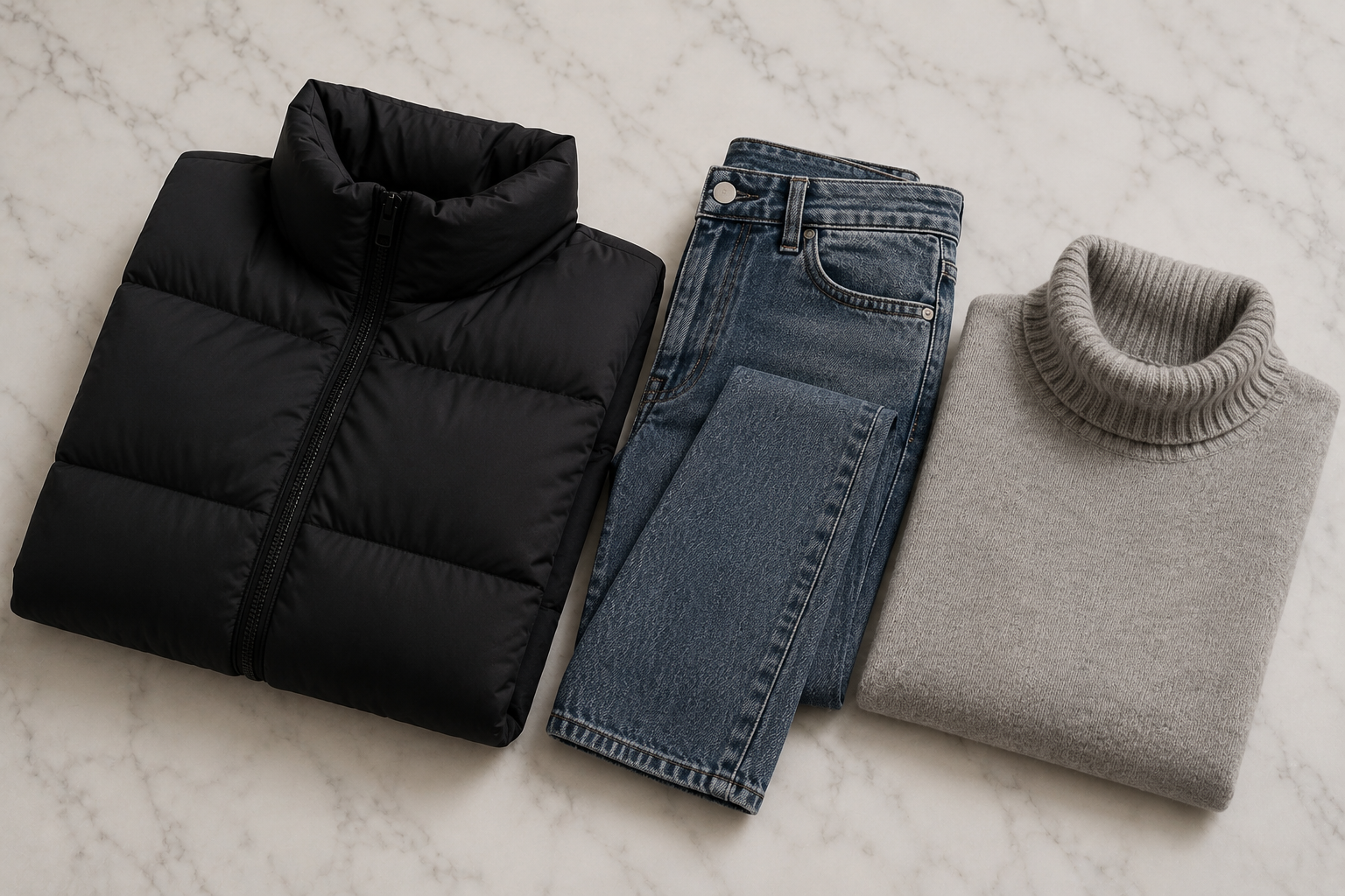 Casaco puffer curto preto com calça jeans reta e suéter de gola alta cinza