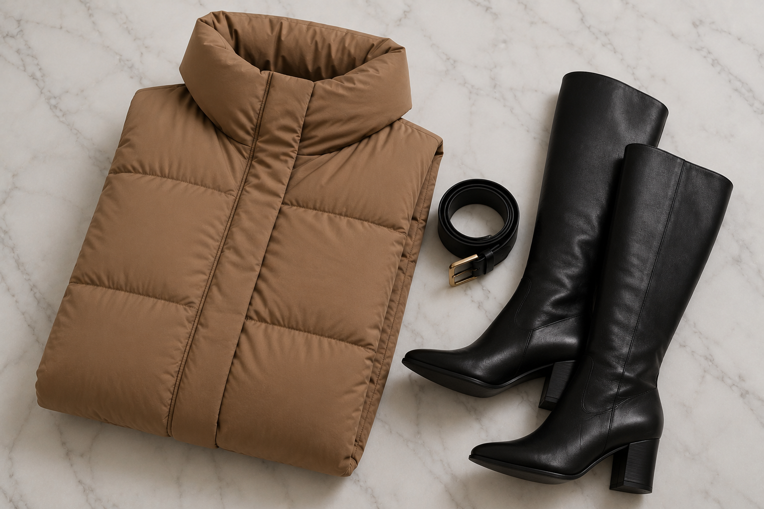 Casaco puffer longo caramelo com cinto de couro preto e bota de cano alto