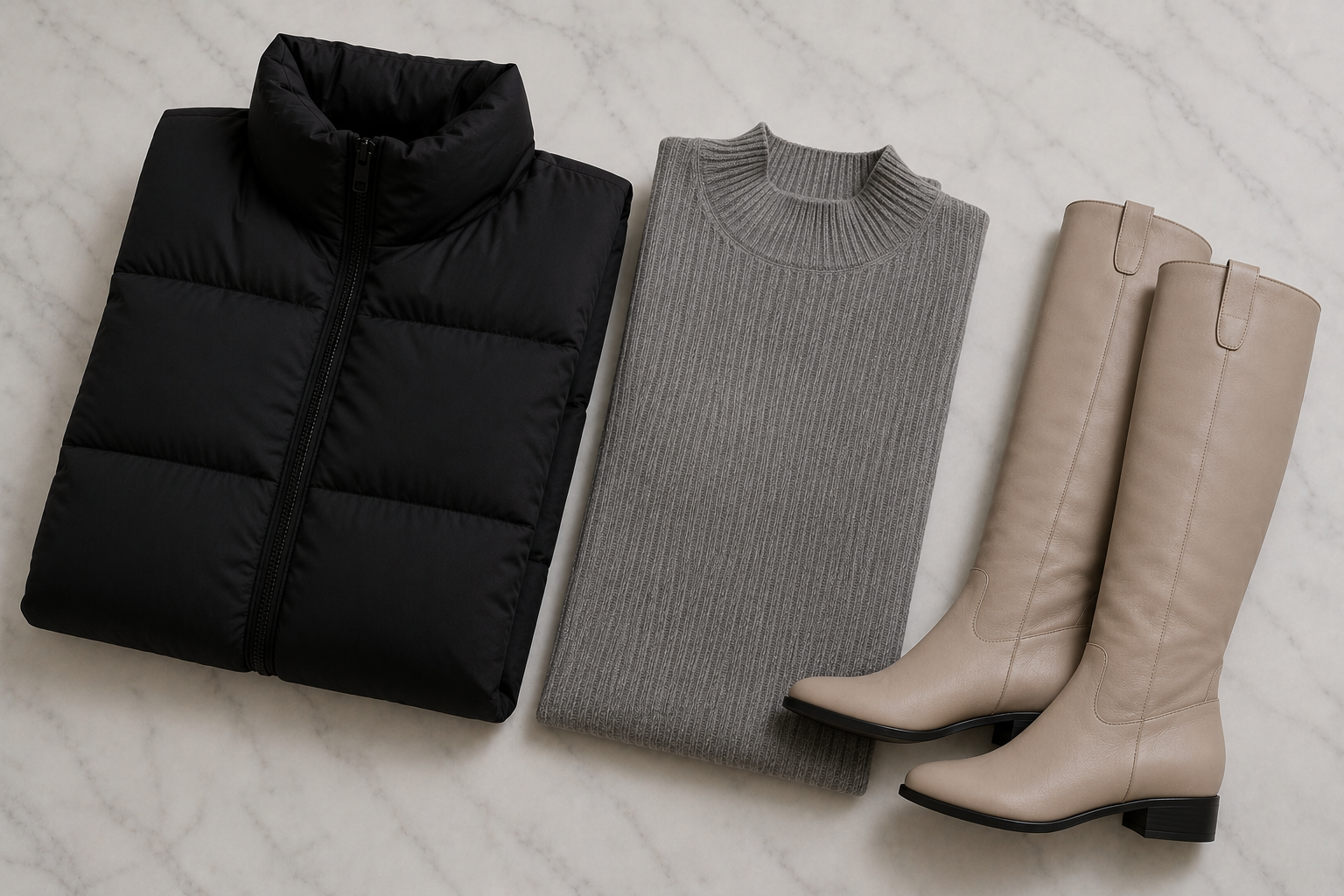 Casaco puffer preto com vestido de malha canelado cinza e botas flat bege