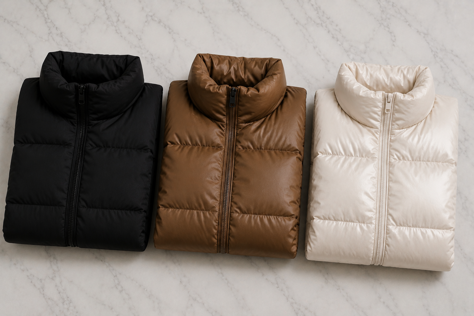 Três casacos puffer em tons preto, caramelo e off-white com texturas de nylon diferentes