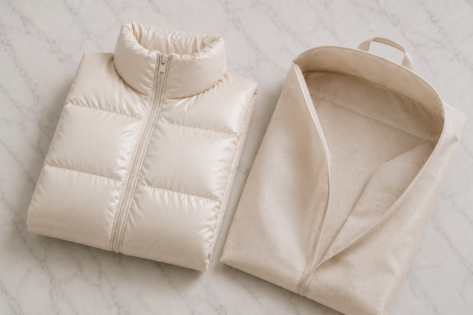 Casaco puffer off-white dobrado ao lado de saco de tecido respirável para guarda-roupa