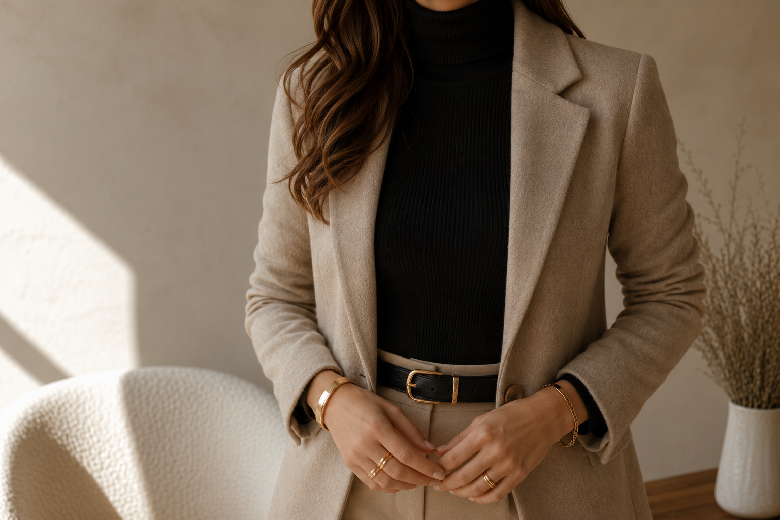 Gola alta preta em layering sob blazer de lã bege aberto