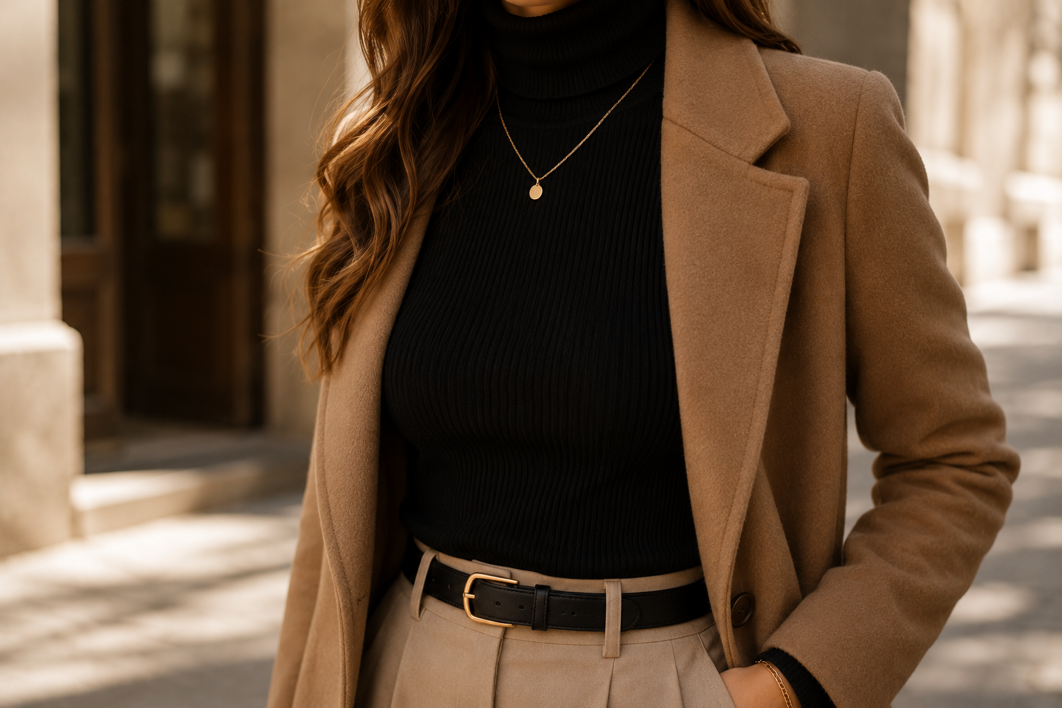 Gola alta preta sob sobretudo camel com colar fino dourado