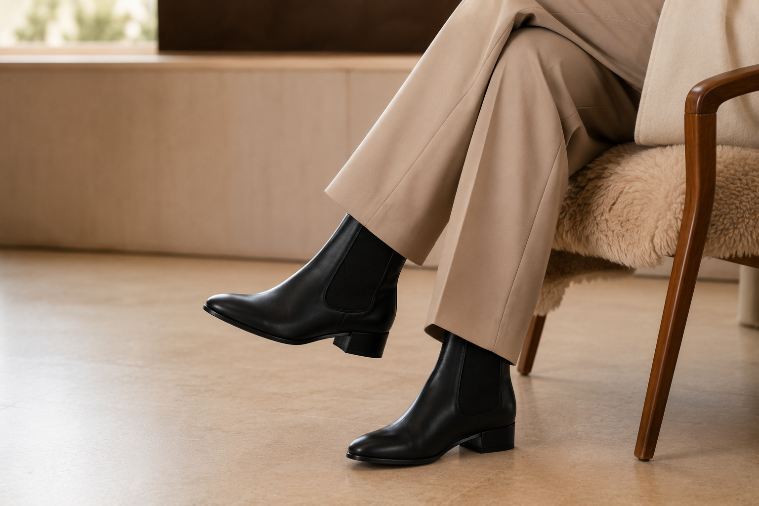 Ankle boots chelsea pretas sob calça de alfaiataria bege reta