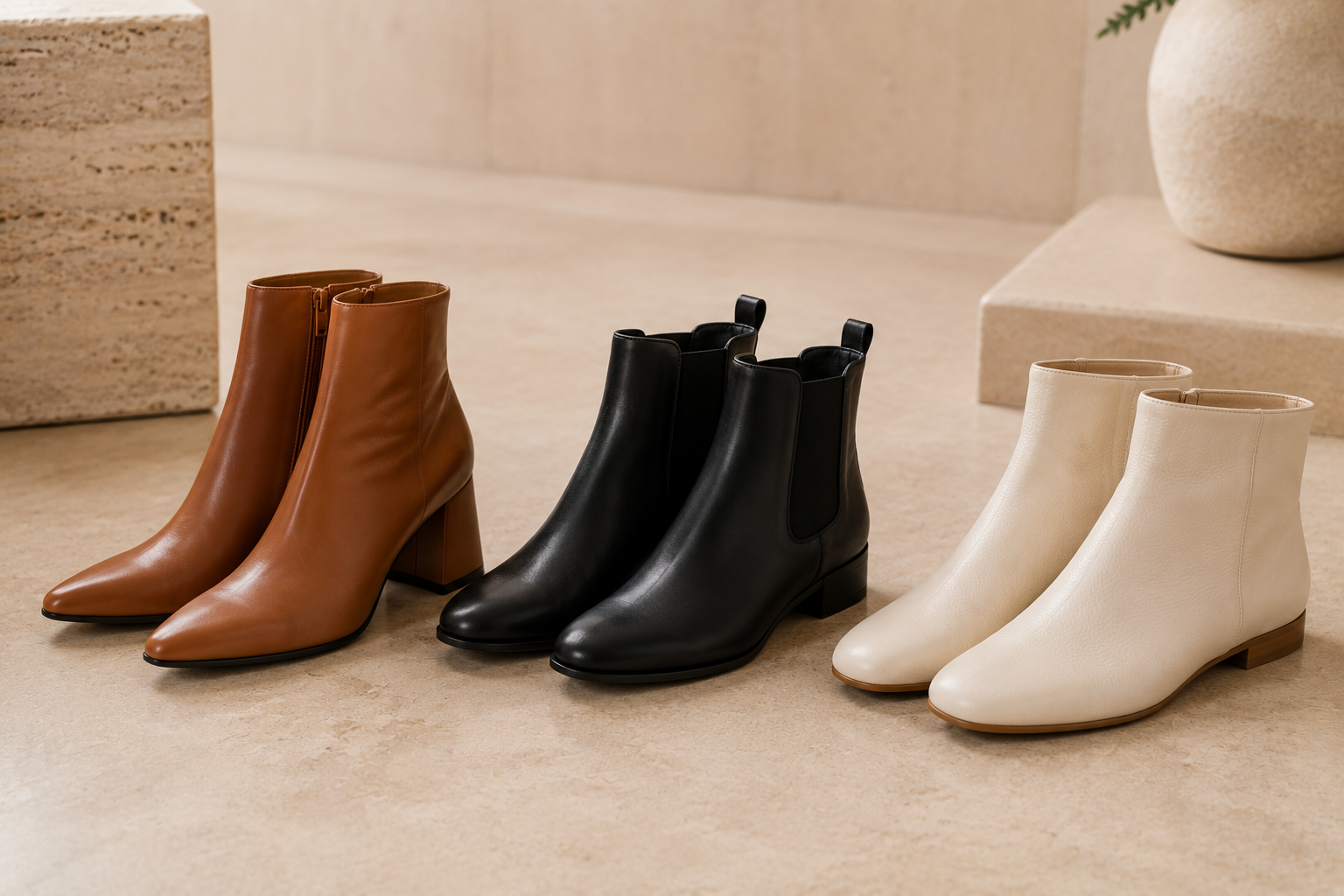 Três pares de ankle boots: caramelo com salto, chelsea preta e flat off-white