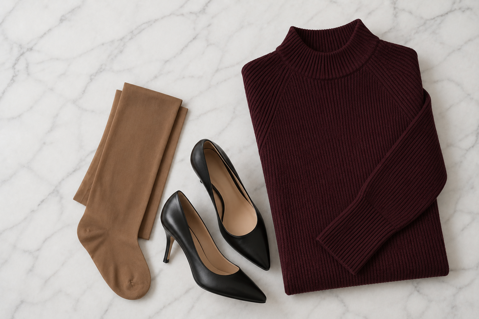 Meia-calça fina caramelo com vestido midi de tricô vinho e scarpins pretos