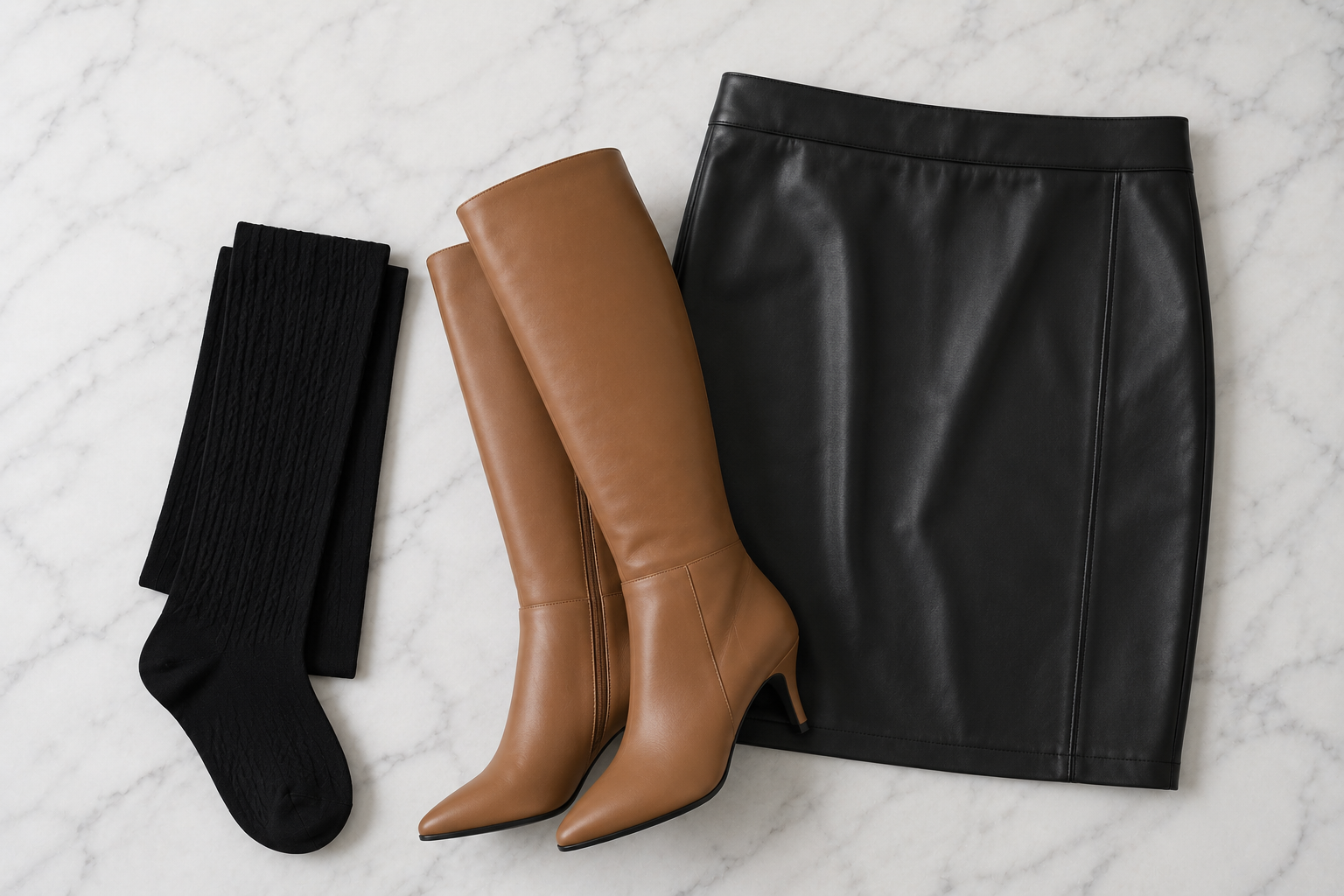 Meia-calça de trama texturizada preta com bota de cano alto caramelo e saia de couro sintético